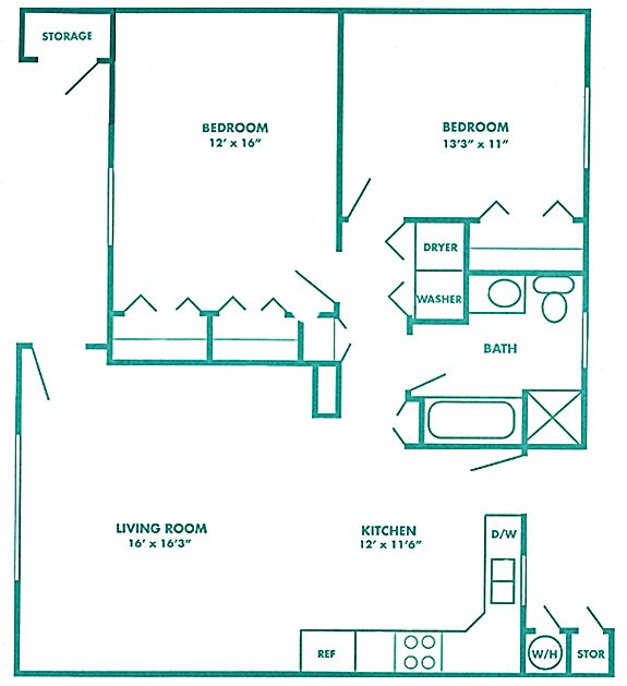 Patio Home Floor Plan 1,120 square feet, 2 bedrooms/ 1 bath with covered parking