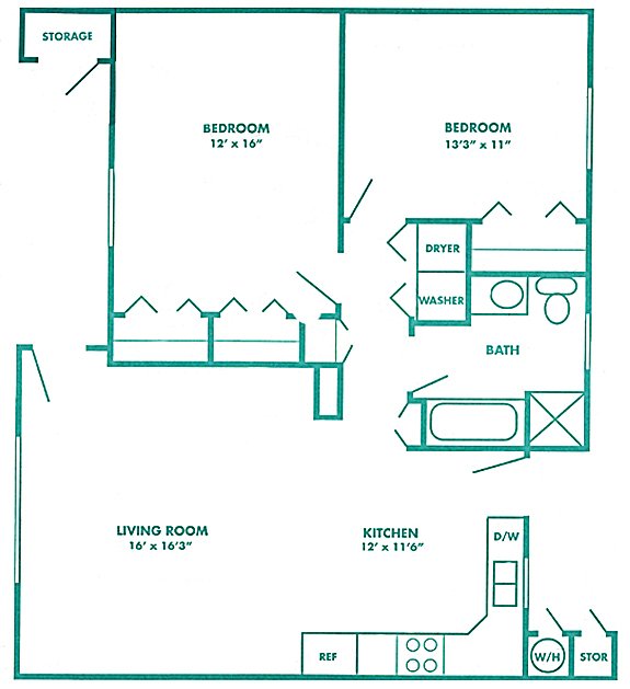 ph-1120-2-1 Patio Home Floor Plan 1,120 square feet, 2 bedrooms/ 1 bath with covered parking