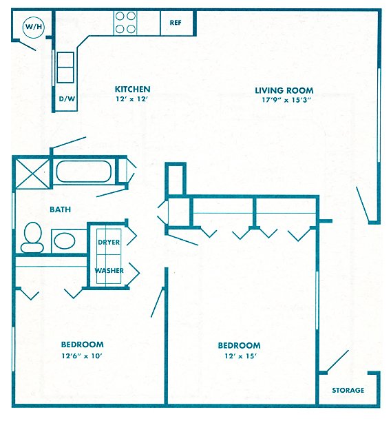 ph1050-2-1 Floor Plan 1,050 square feet, 2 bedrooms/ 1 bath
