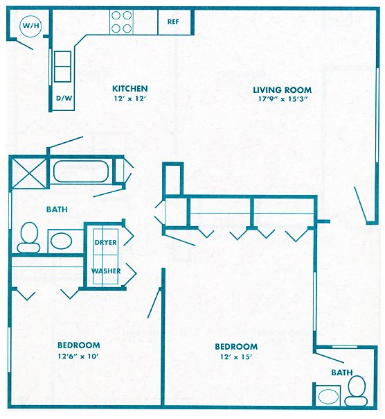 ph1050-2-15 Floor Plan 1,050 square feet, 2 bedrooms/ 1.5 bath